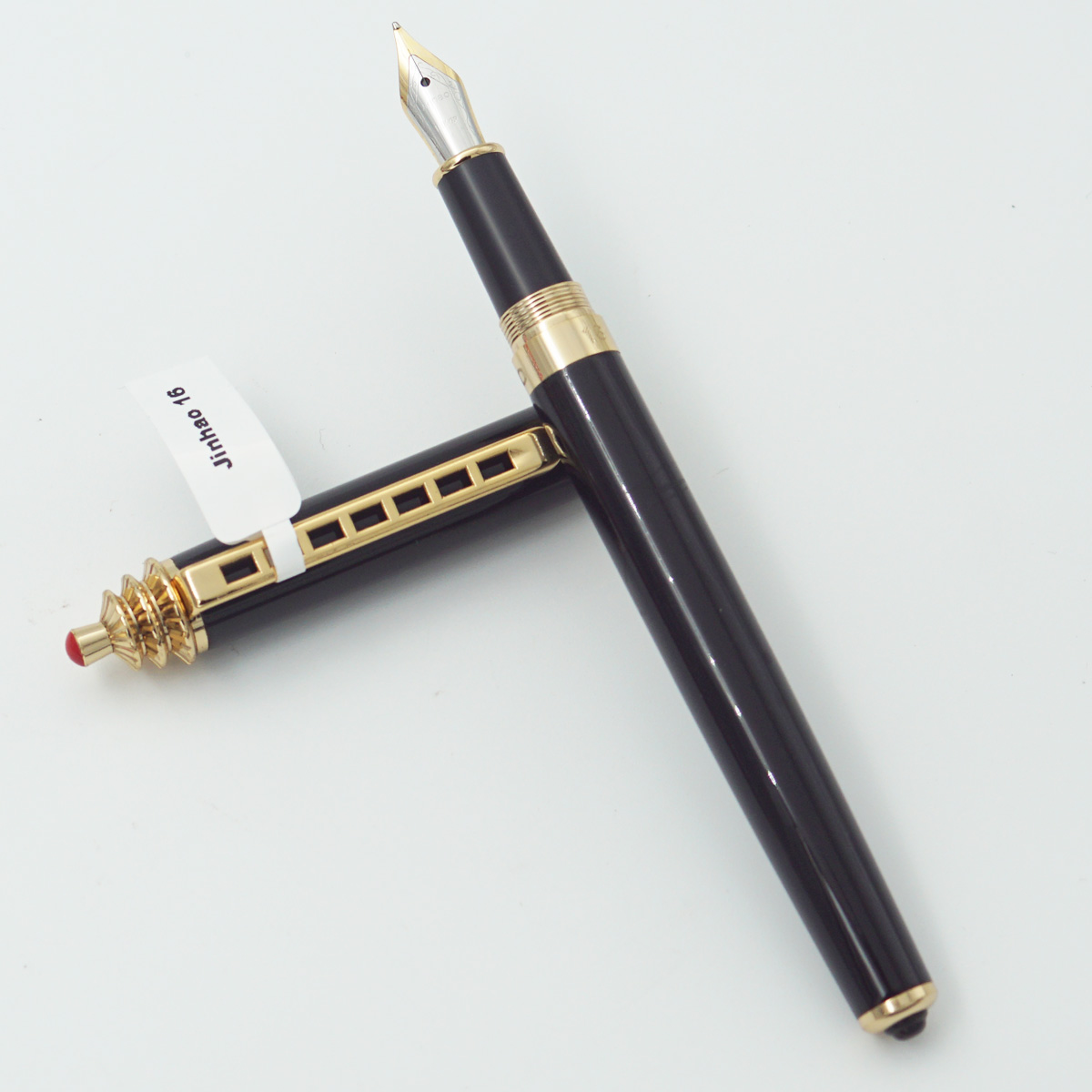 Jinhao 16 Glossy Black Color Body With Design On Cap And Golden Color Clip Fine Nib Converter Type Fountain Pen SKU 23736