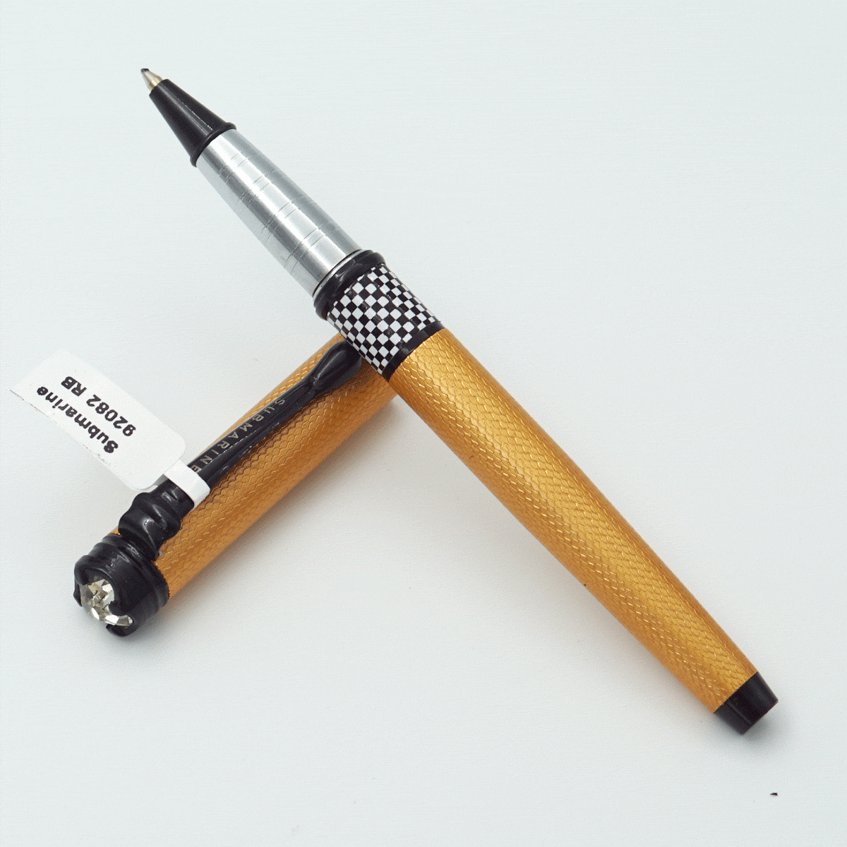 Submarine 2082 Golden Color Body With Black And White Color Checked Designed Trims With Cap On Stone Medium Tip Roller Ball Pen SKU 23779