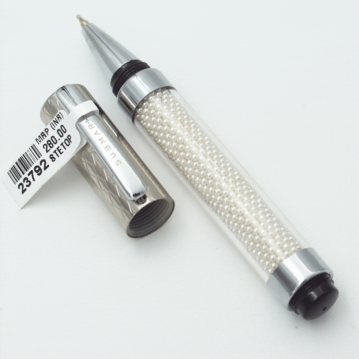 Submarine 874 MOTI White Color Pearl Body With Silver Color Cap Fine Tip Cap Type Ball Pen SKU 23792