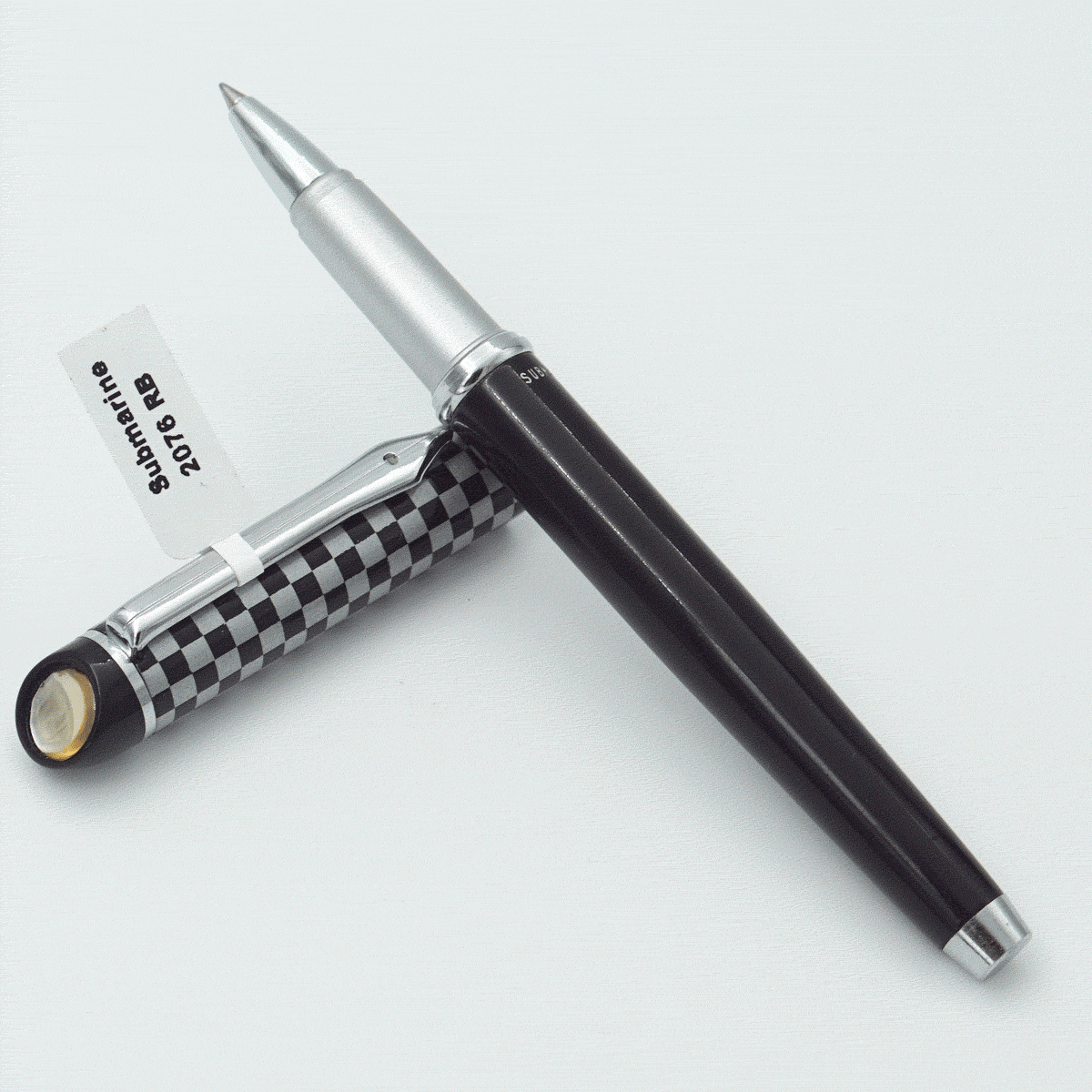 Submarine 2076 Black Color Body With Checked Degined Cap And Silver Clip Medium Tip Roller Ball Pen SKU 23793