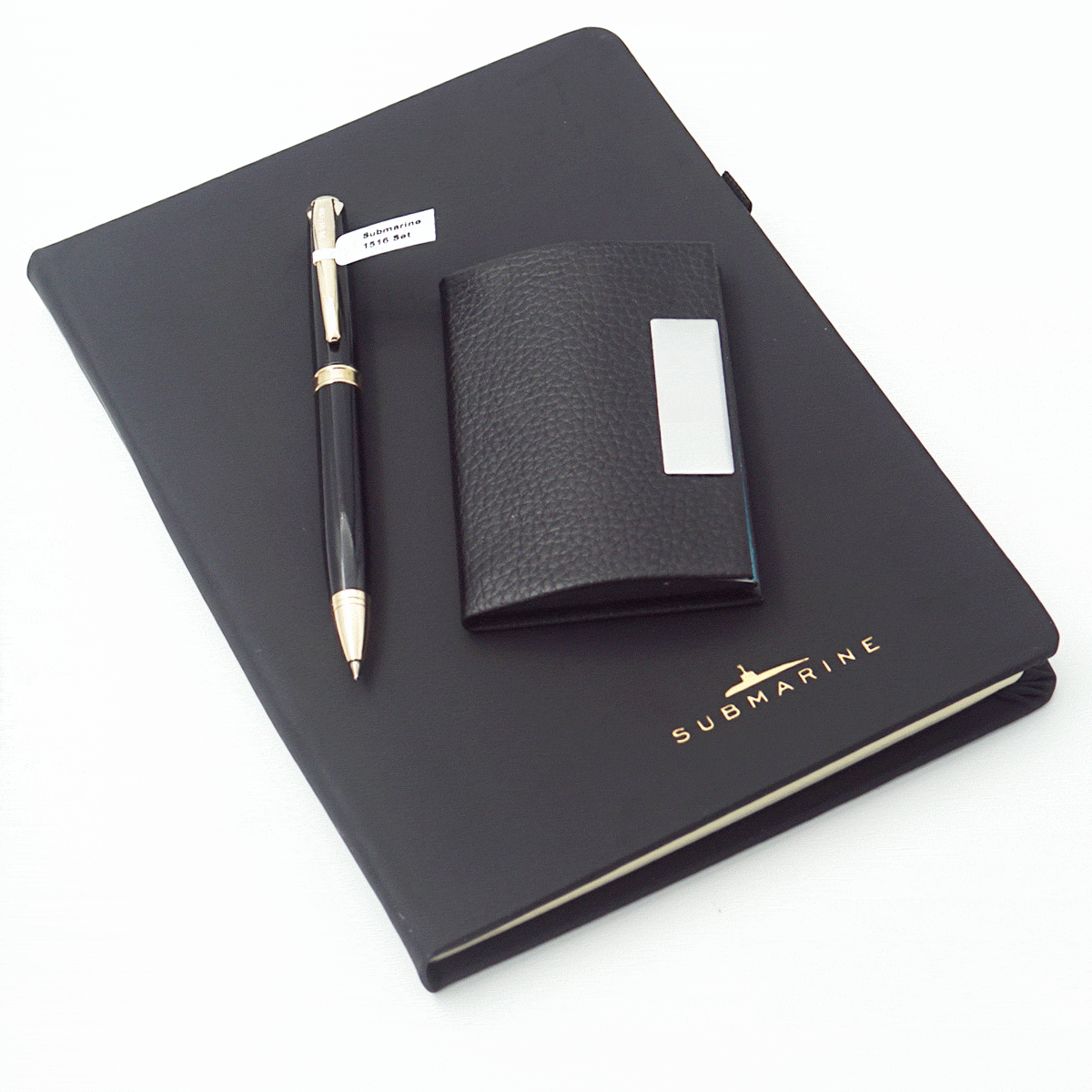 Submarine 1516 Black Color Body with Black Color Cap And Gold Clip Fine Tip Twist Type Ball Pen With Diary And Card Holder Pen Set SKU 23926