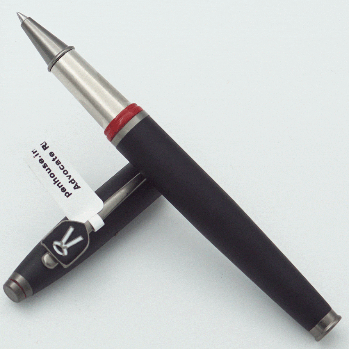 penhouse.in Mat Black Color Body With Black Color Cap And Red Trims Advocate Symbol On Clip Medium Tip Roller Ball Pen SKU 23949