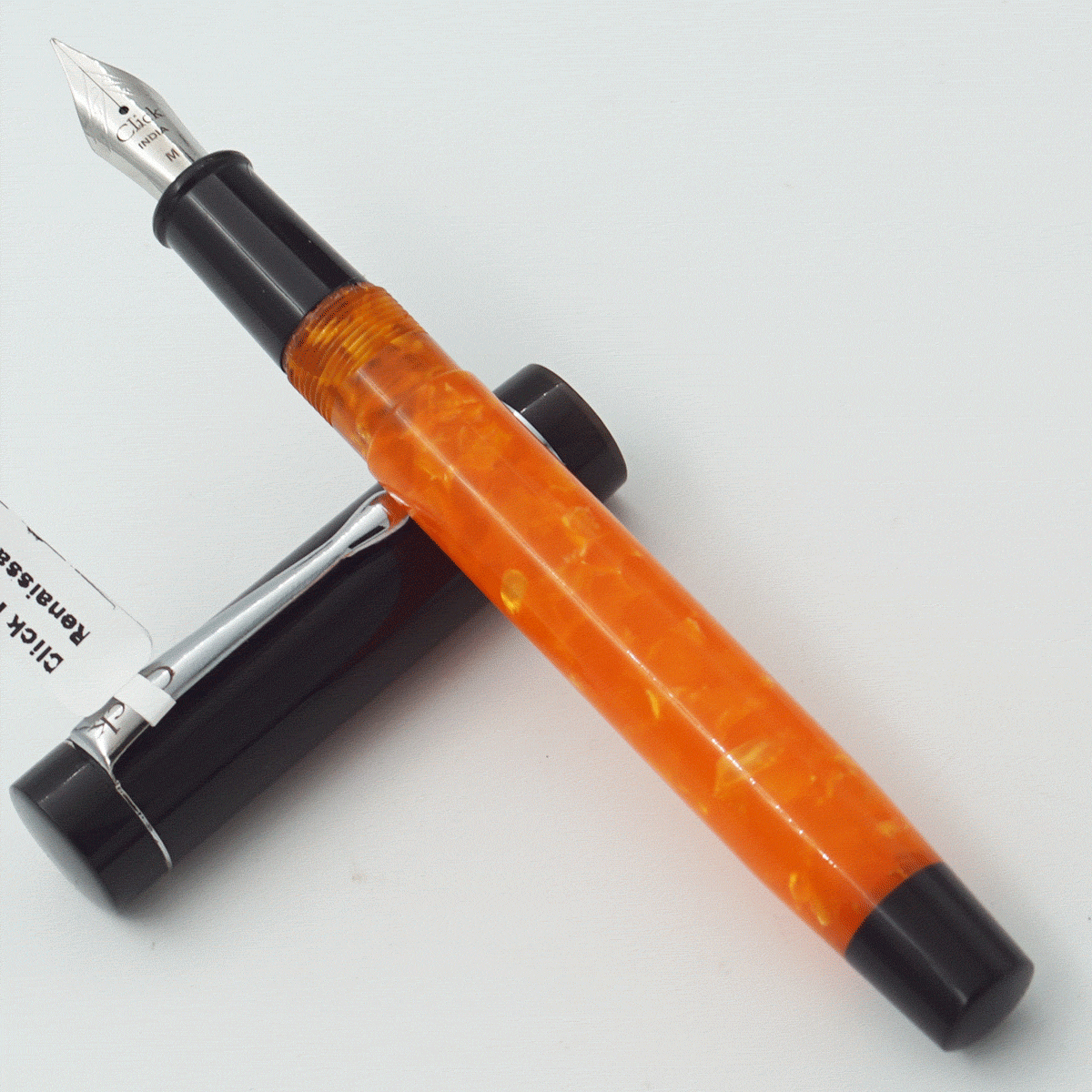 Click Renaissance Da Vinci Orange Color Acrylic Body With Black Color Cap And Silver Clip No 35 SSF Medium Nib Eye Dropper Model Fountain (3 in 1) (Nib Can be Customised) SKU 24036