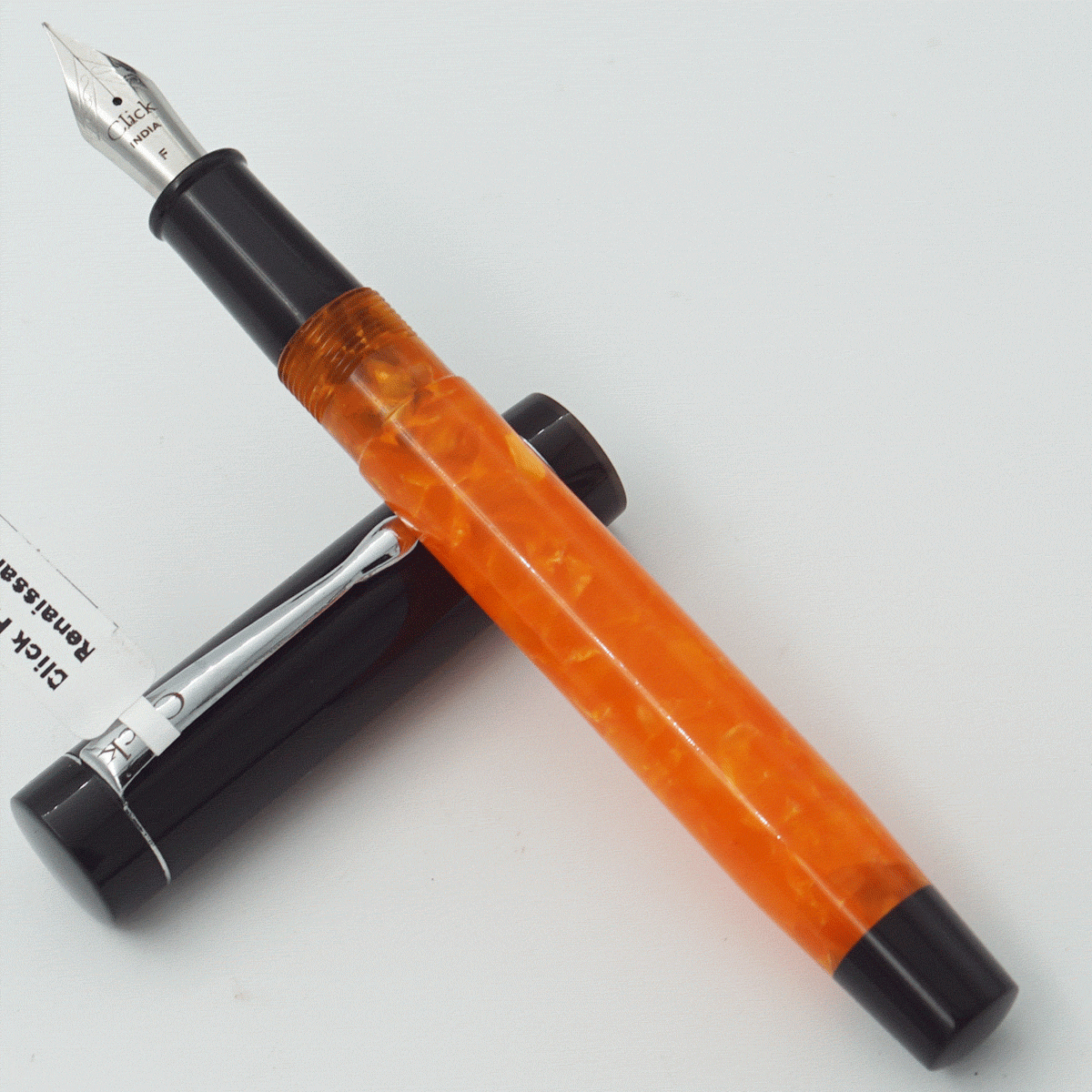 Click Renaissance Da Vinci Orange Color Acrylic Body With Black Color Cap And Silver Clip No 35 SSF Fine Nib Eye Dropper Model Fountain (3 in 1) (Nib Can be Customised) SKU 24037