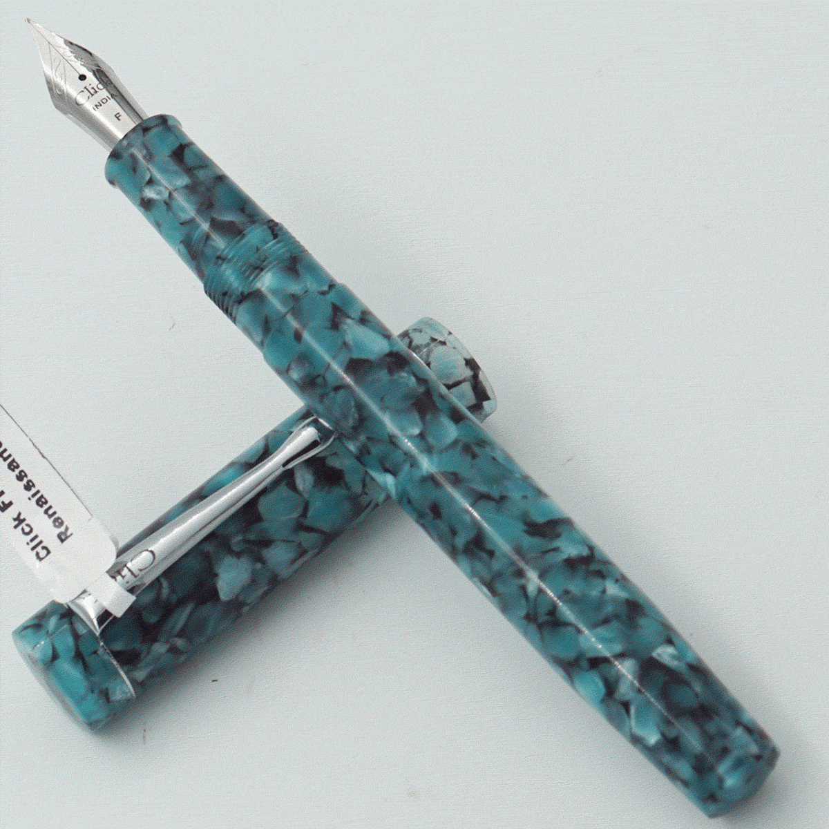 Click Renaissance Glacier Blue Color Marble Acrylic Body And Cap Silver Color Clip No 35 SSF Fine Nib Eye Dropper Model Fountain Pen (3 in 1) (Nib Can be Customised) SKU 24038