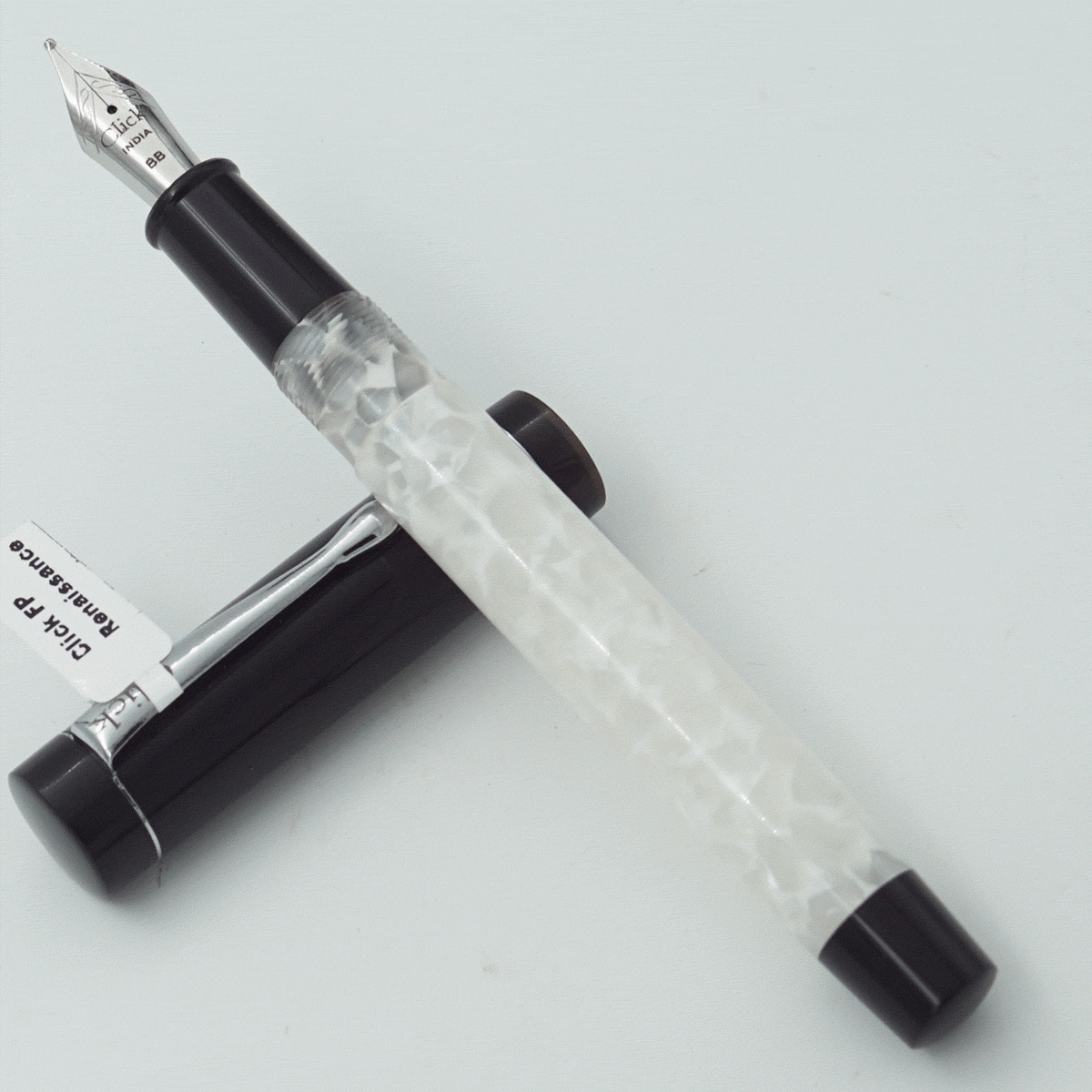 Click Renaissance White Color Marble Acrylic Body And Black Color Cap With Silver Clip No 35 SSF BB Double Broad Nib Eye Dropper Model Fountain Pen (3 in 1) (Nib Can be Customised) SKU 24040