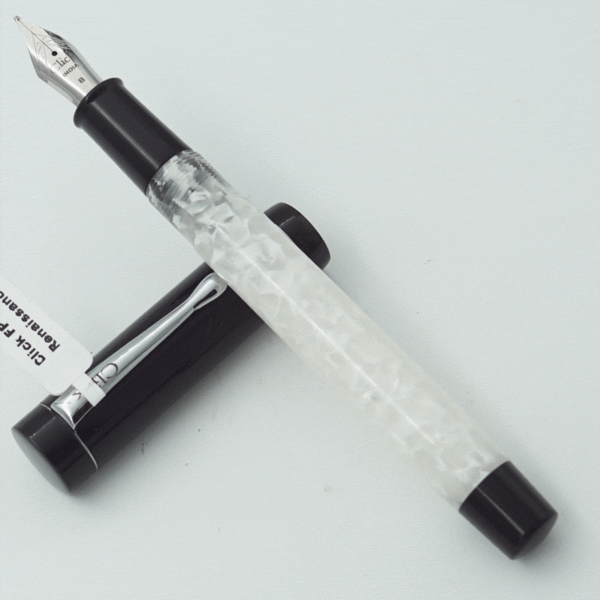 Click Renaissance White Color Marble Acrylic Body And  Black Color Cap With Silver Clip No 35 SSF Broad Nib Eye Dropper Model Fountain Pen (3 in 1) (Nib Can be Customised) SKU 24041