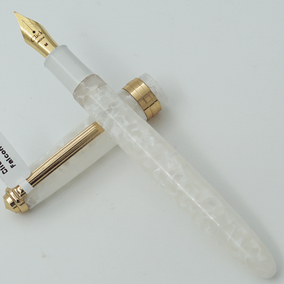 Click Falcon Polar White Color Acrylic Body With Golden Color Clip No 35 GT Medium Nib Eye Dropper Model Fountain Pen (3 in 1) (Nib Can be Customised) SKU 24066