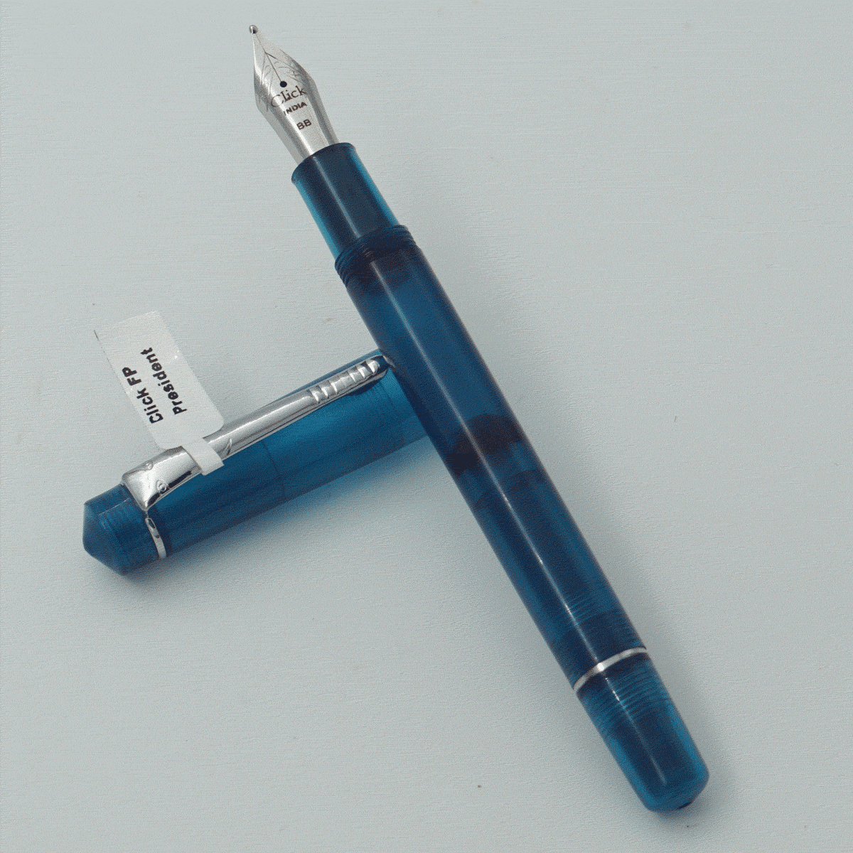 Click President Transparent Demo Sky Blue Color Body With Silver Clip No 35 SSF BB Double Broad Nib Piston Type Fountain Pen (Nib Can be Customised) SKU 24150