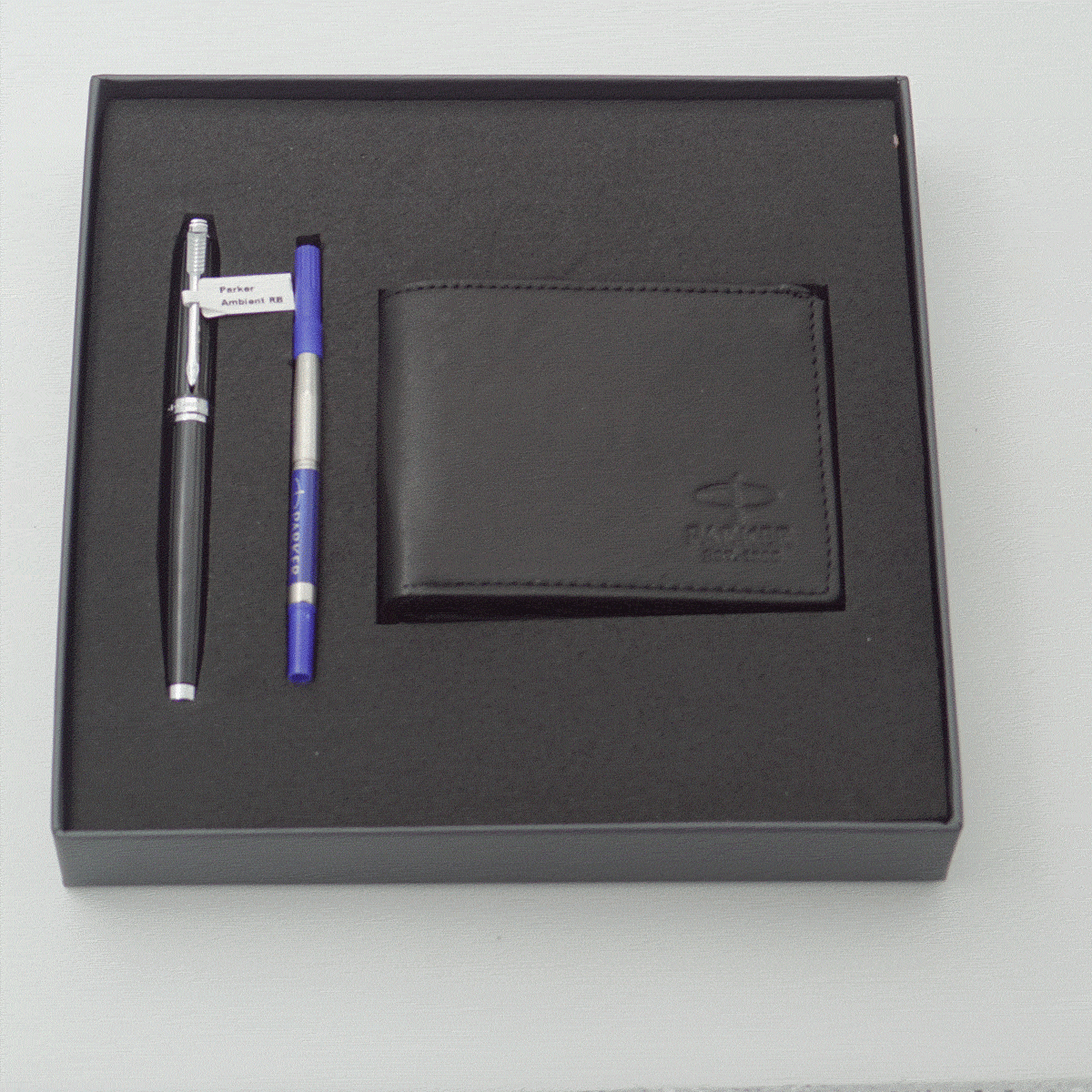 Parker Ambient Glossy Black Color Body With Cap And Silver Color Clip Fine Tip Roller Ball Pen With Wallet Pen Set SKU 24186