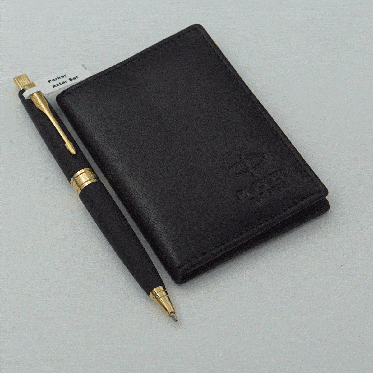Parker Aster Matte Black Color Body With Gold Clip Medium Tip Retractable Type Ball Pen With Card Holder Pen Set SKU 24189