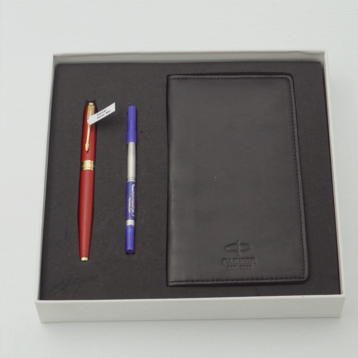 Parker Aster Matte Red Color Body With Gold Clip Ultra Fine Tip Roller Ball Pen With Small Passport Holder Pen Set SKU 24193