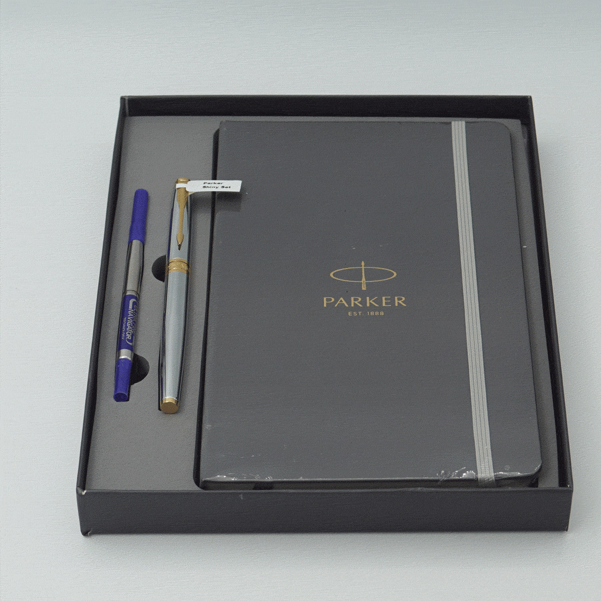 Parker Aster Shiny Silver Color Body With Gold Clip Ultra Fine Tip Roller Ball Pen With Diary Pen Set SKU 24195