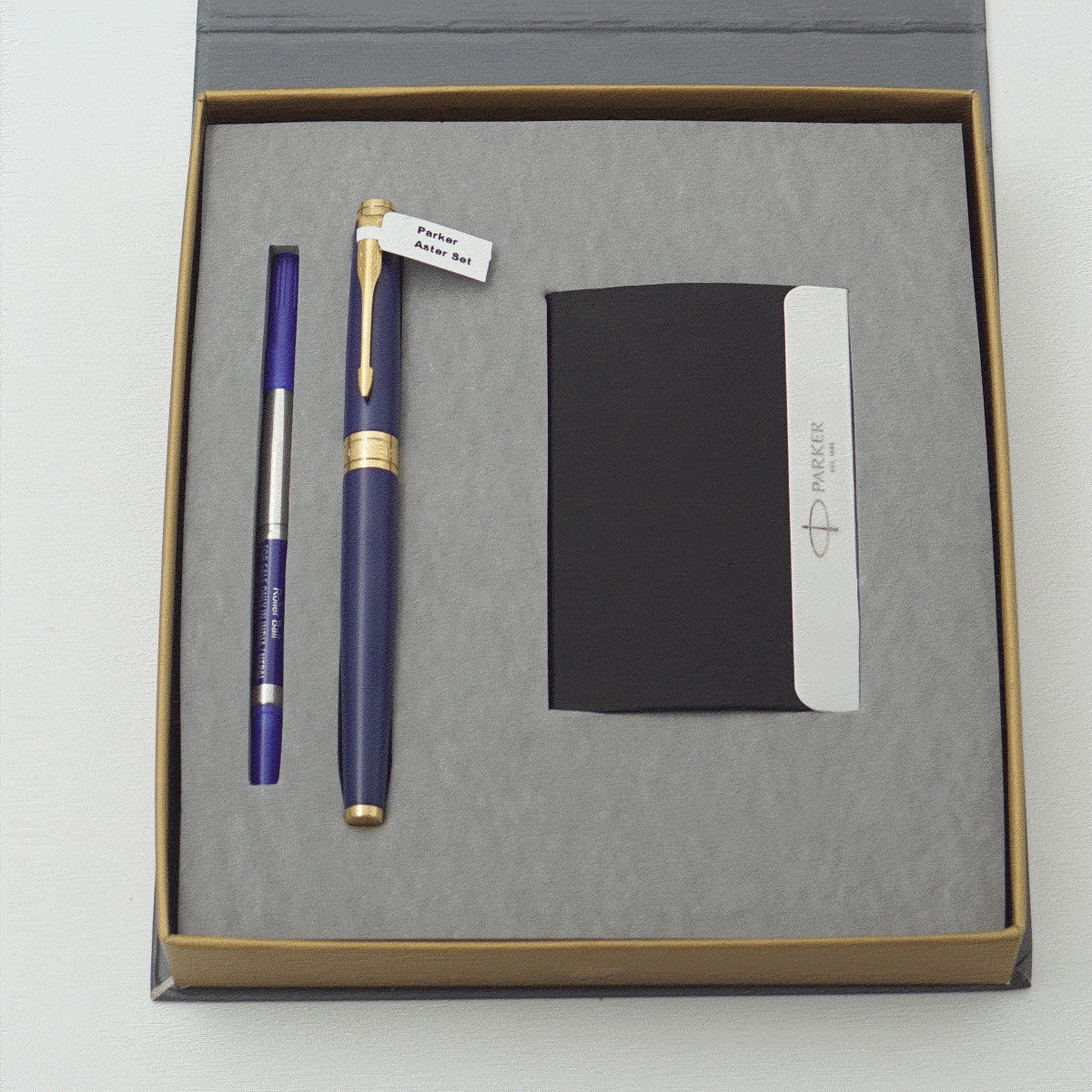 Parker Aster Matte Blue Color Body With Golden Clip Fine Tip  Roller Ball Pen with Card Holder Pen set SKU 24201