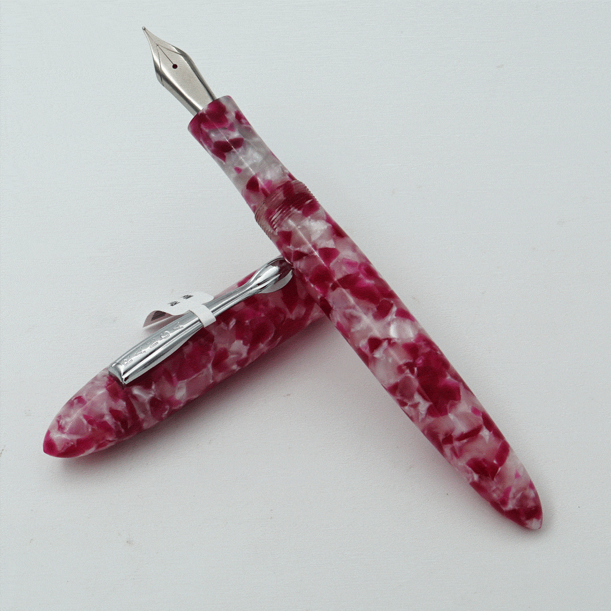 Ranga Handmade Model 8B Premium Acrylic P57 Pink White Cracked Ice Color Body With Silver Clip German Jowo Nib Converter Type Fountain Pen (Nib Can be Customized With Fine or Medium or Broad) SKU 24264