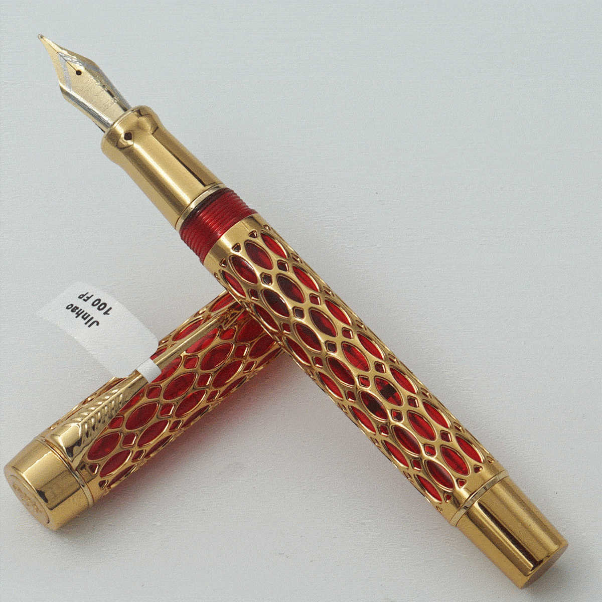 Jinhao 100 Gold With Red Color Open Work Body Wnd Golden Clip Medium Nib Converter Type Fountain Pen SKU 24414