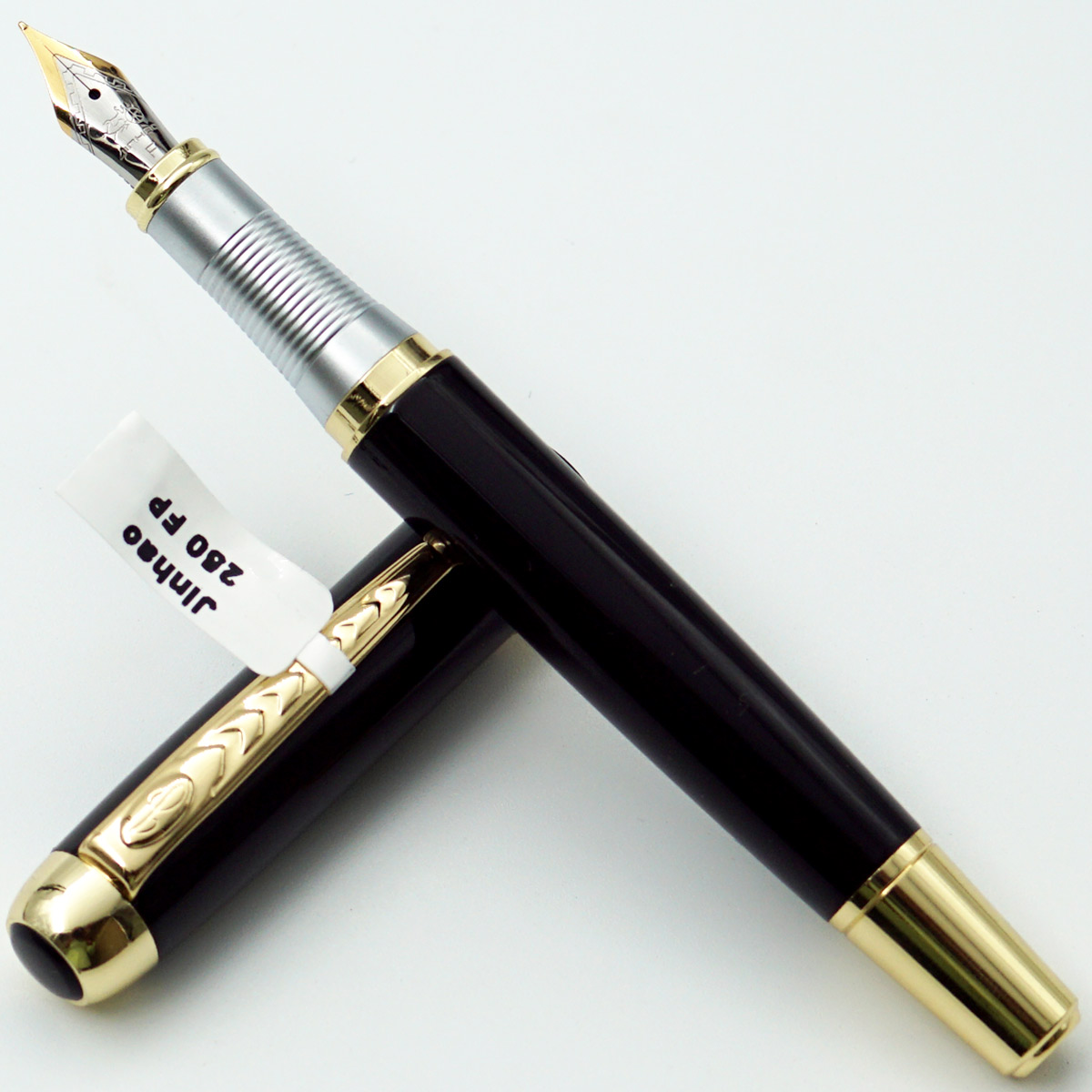 Jinhao 250 Glossy Black Color Body With 5.5 Fine Nib With Golden Designed Clip Converter Type Fountain Pen SKU 24527