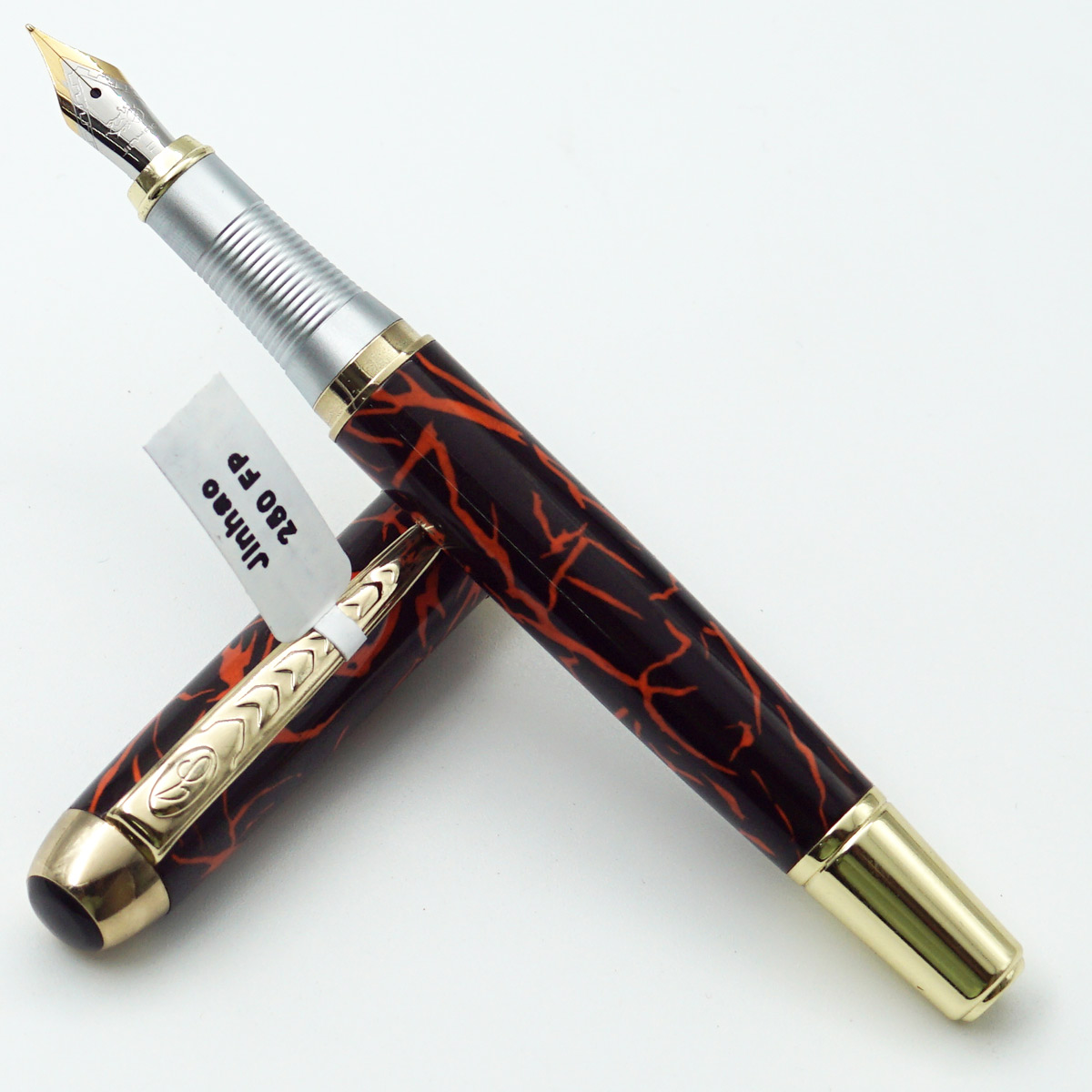 Jinhao 250 Glossy Orange With Black Marble Designed Body With 5.5 Fine Nib With Golden Designed Clip Converter Type Fountain Pen SKU 24532