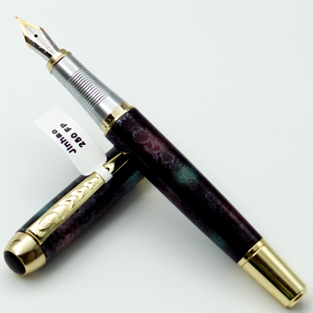 Jinhao 250 Glossy Black With Multi Color  Marble Designed Body With 5.5 Fine Nib With Golden Designed Clip Converter Type Fountain Pen SKU 24534