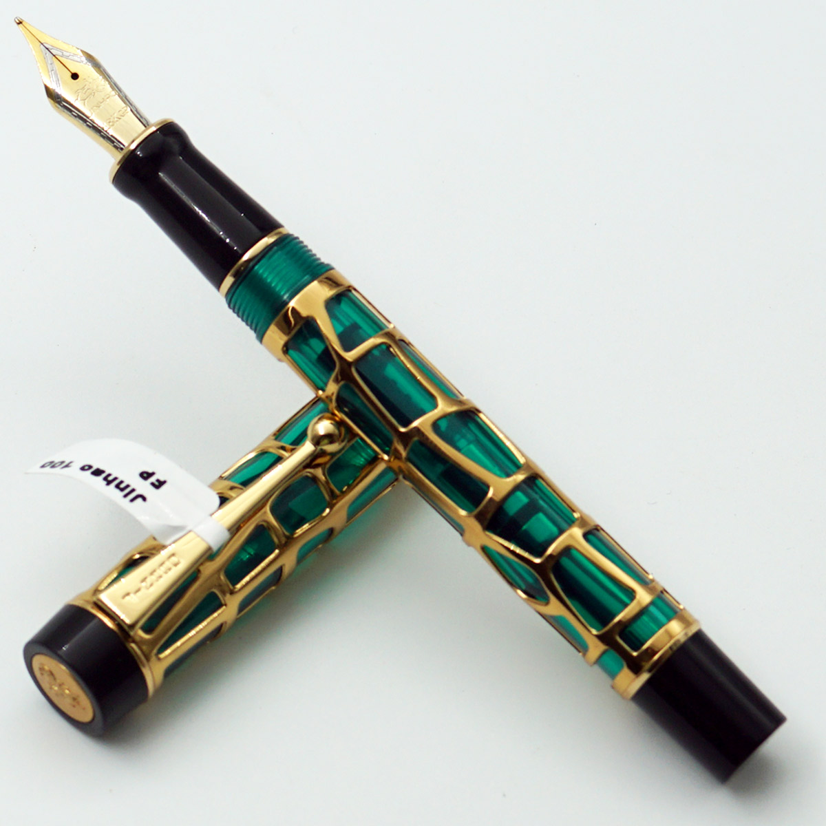 Jinhao 100 Green With Golden Color Resin Grid Design Body with Golden Clip Medium Nib Converter Type Fountain Pen SKU 24537