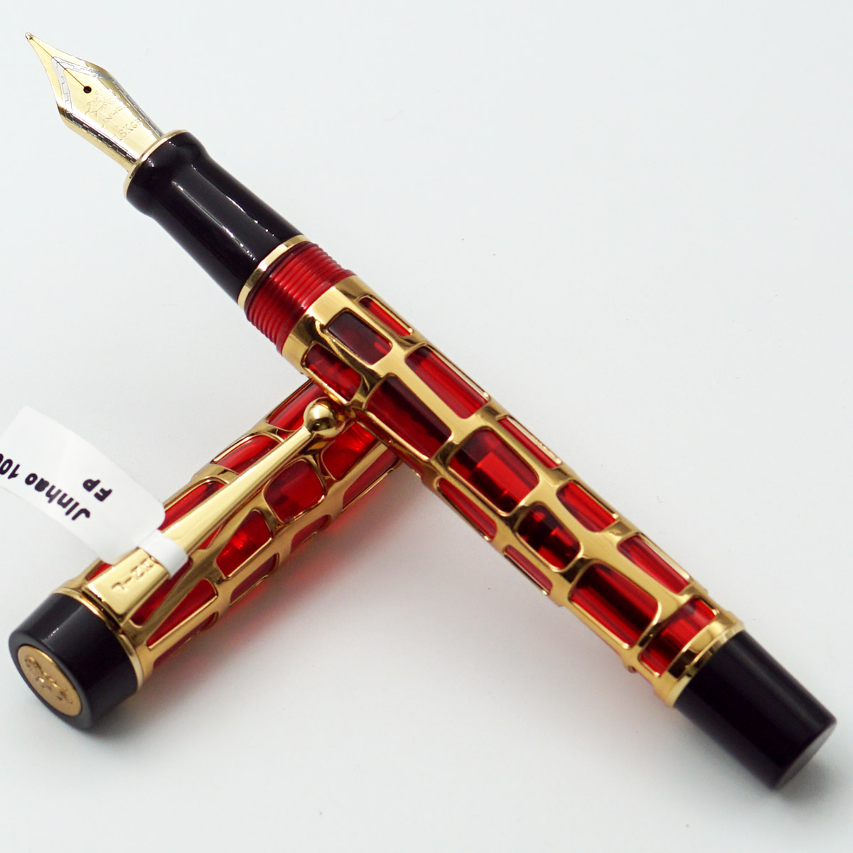 Jinhao 100  Red With Golden Color Resin Grid Design Body with Golden Clip Medium Nib Converter Type Fountain Pen SKU 24540
