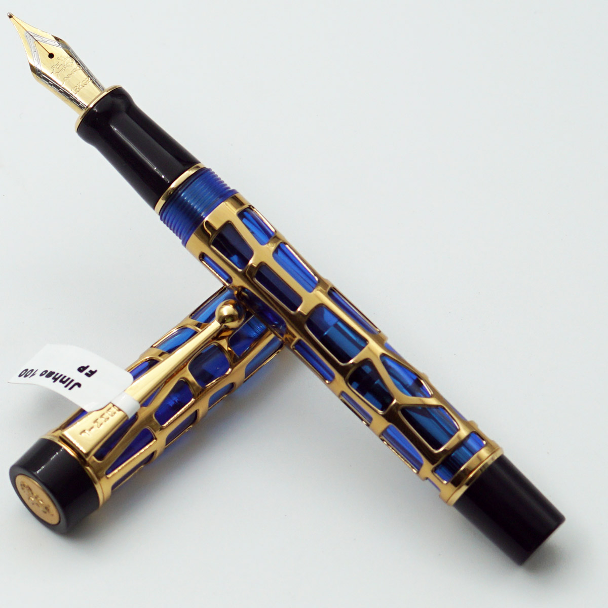 Jinhao 100 Blue With  Golden Color Resin Grid Design Body with Golden Clip Medium Nib Converter Type Fountain Pen SKU 24541
