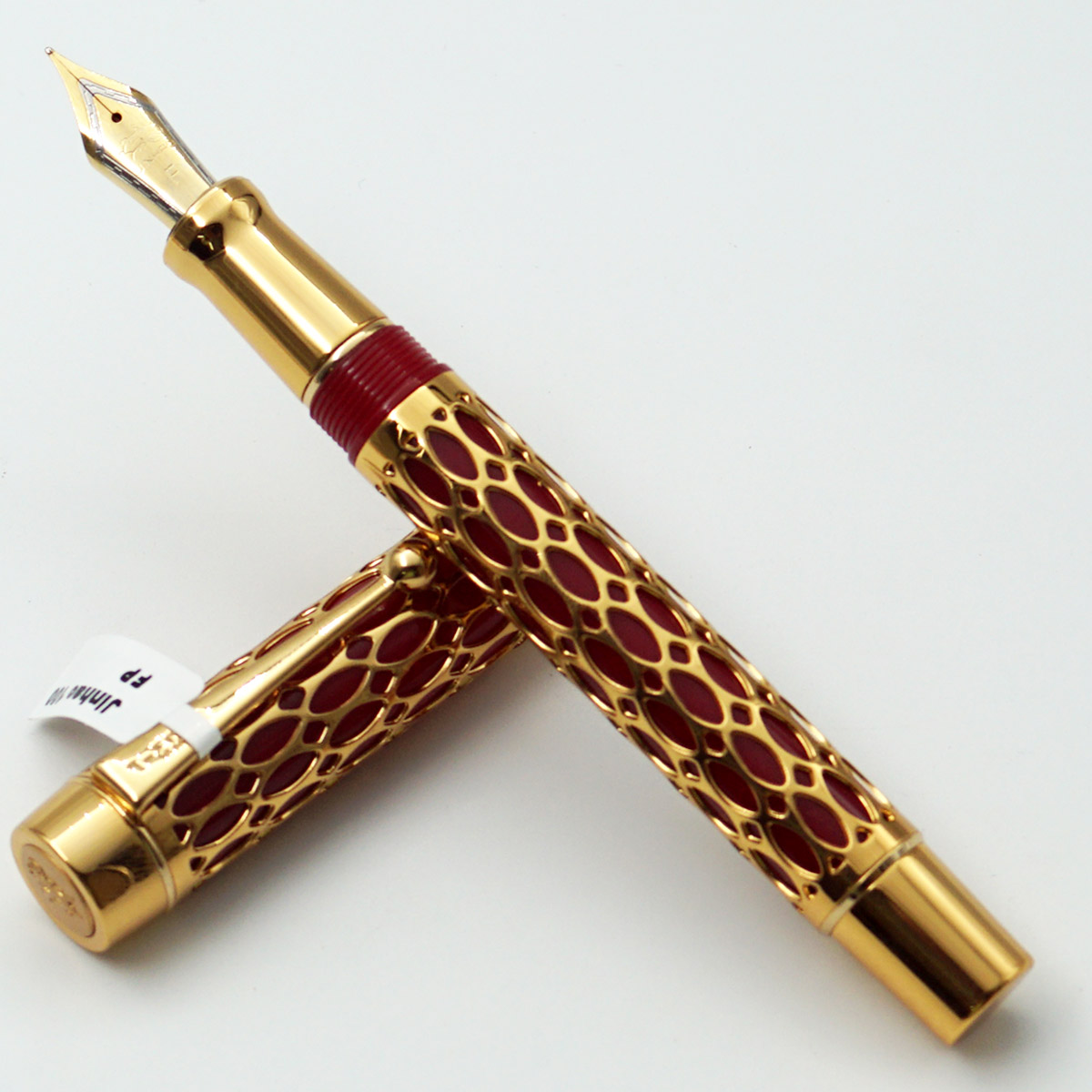 Jinhao 100 Red With Golden Color Small Resin Grid Design Body with Golden Clip Medium Nib Converter Type Fountain Pen SKU 24543
