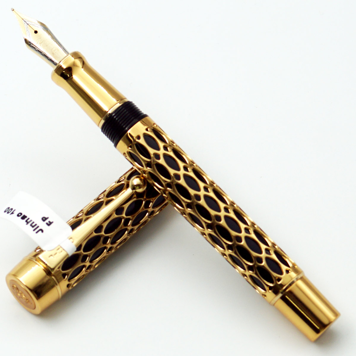 Jinhao 100 Black With Golden Color Small Resin Grid Design Body with Golden Clip Medium Nib Converter Type Fountain Pen SKU 24545
