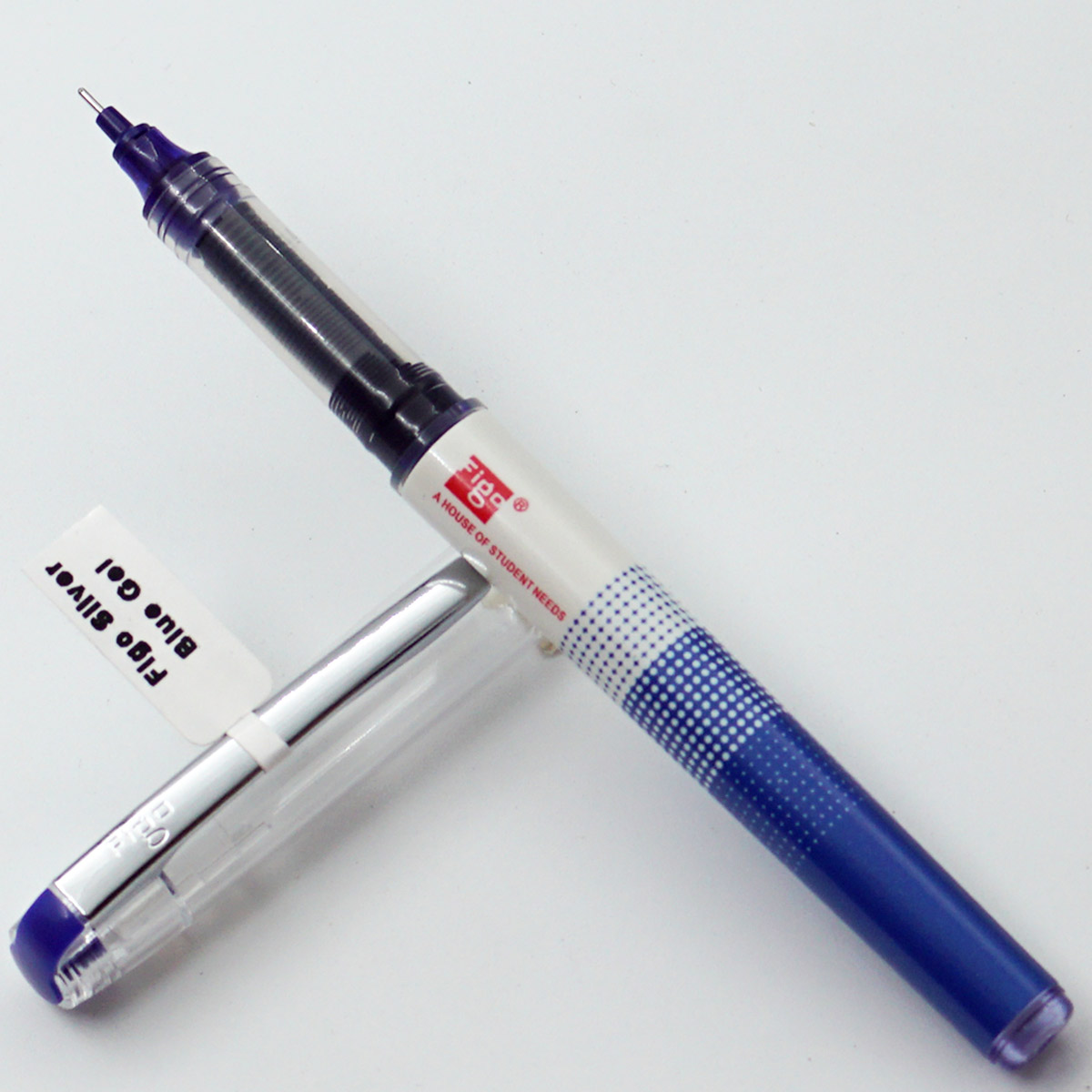 Figo Friends Silver Blue With White Color Body And Silver Clip Blue Writing Cap Type Roller Ball Pen SKU24560