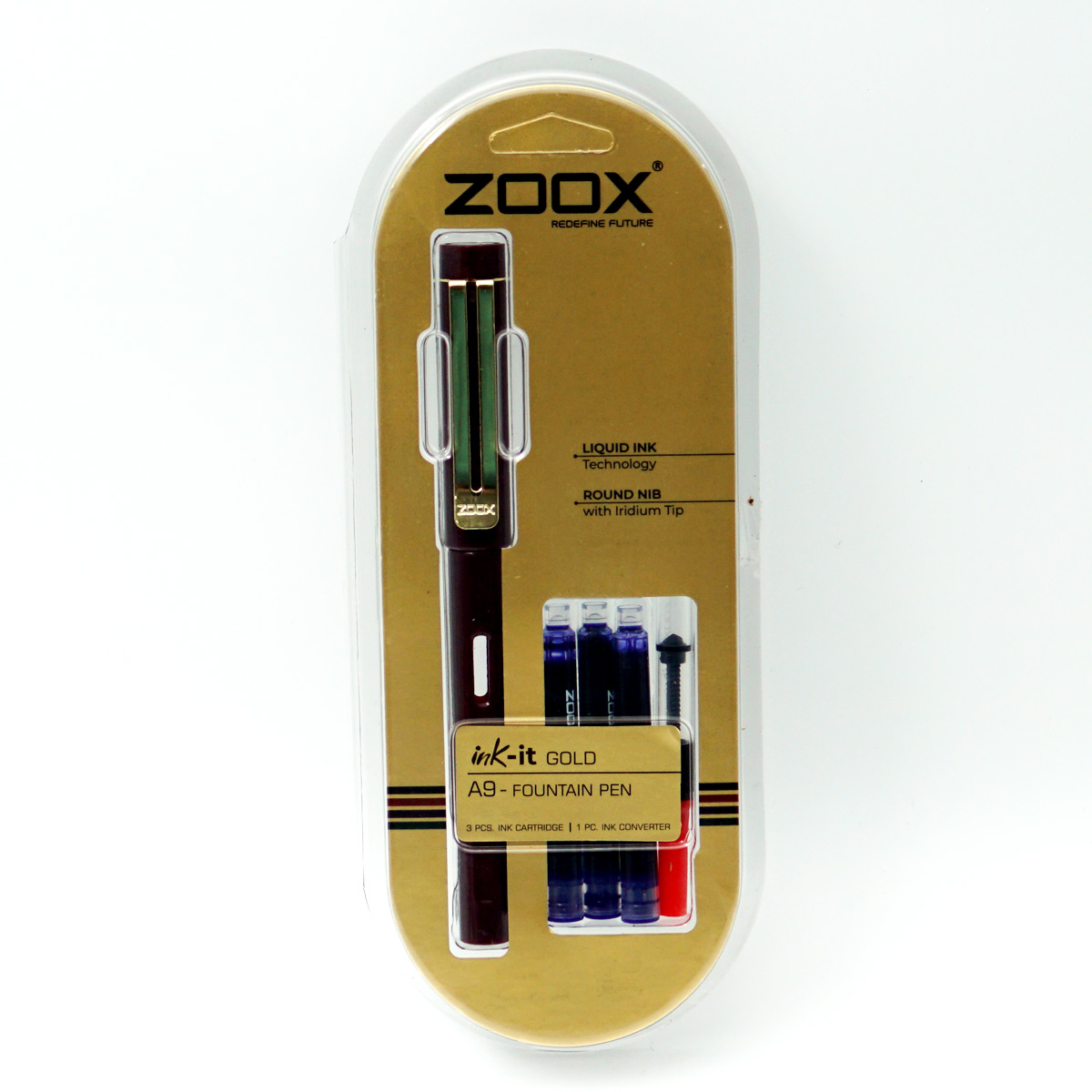 Zoox Gold A9 Brown Color Body With Golden Color Clip Iridium Nib Converter Type Fountain Pen With 3 Cartridge SKU 24691