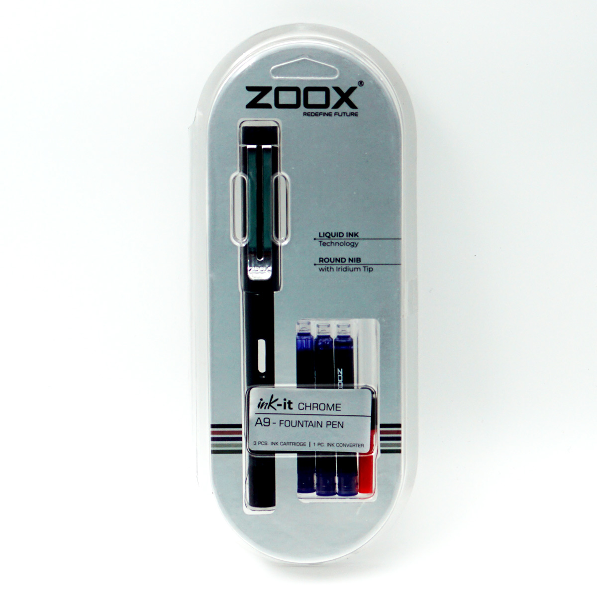 Zoox Chrome A9 Black Color Body With Silver Color Clip Iridium Nib Converter Type Fountain Pen With 3 Cartridge SKU 24694