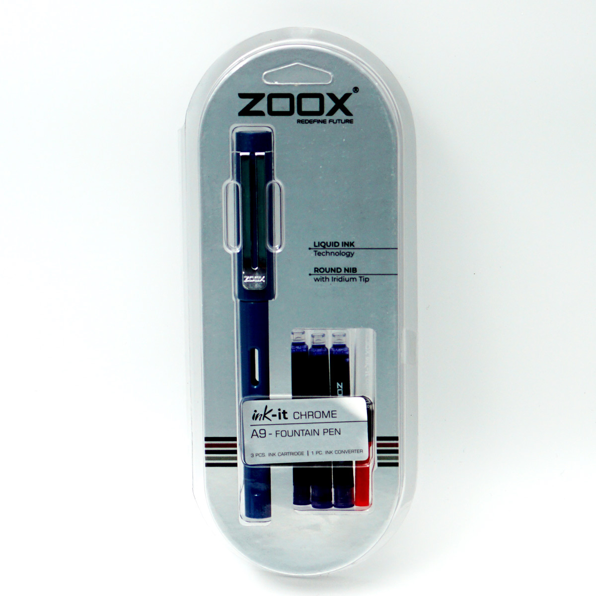 Zoox Chrome A9 Blue Color Body With Silver Color Clip Iridium Nib Converter Type Fountain Pen With 3 Cartridge SKU 24697