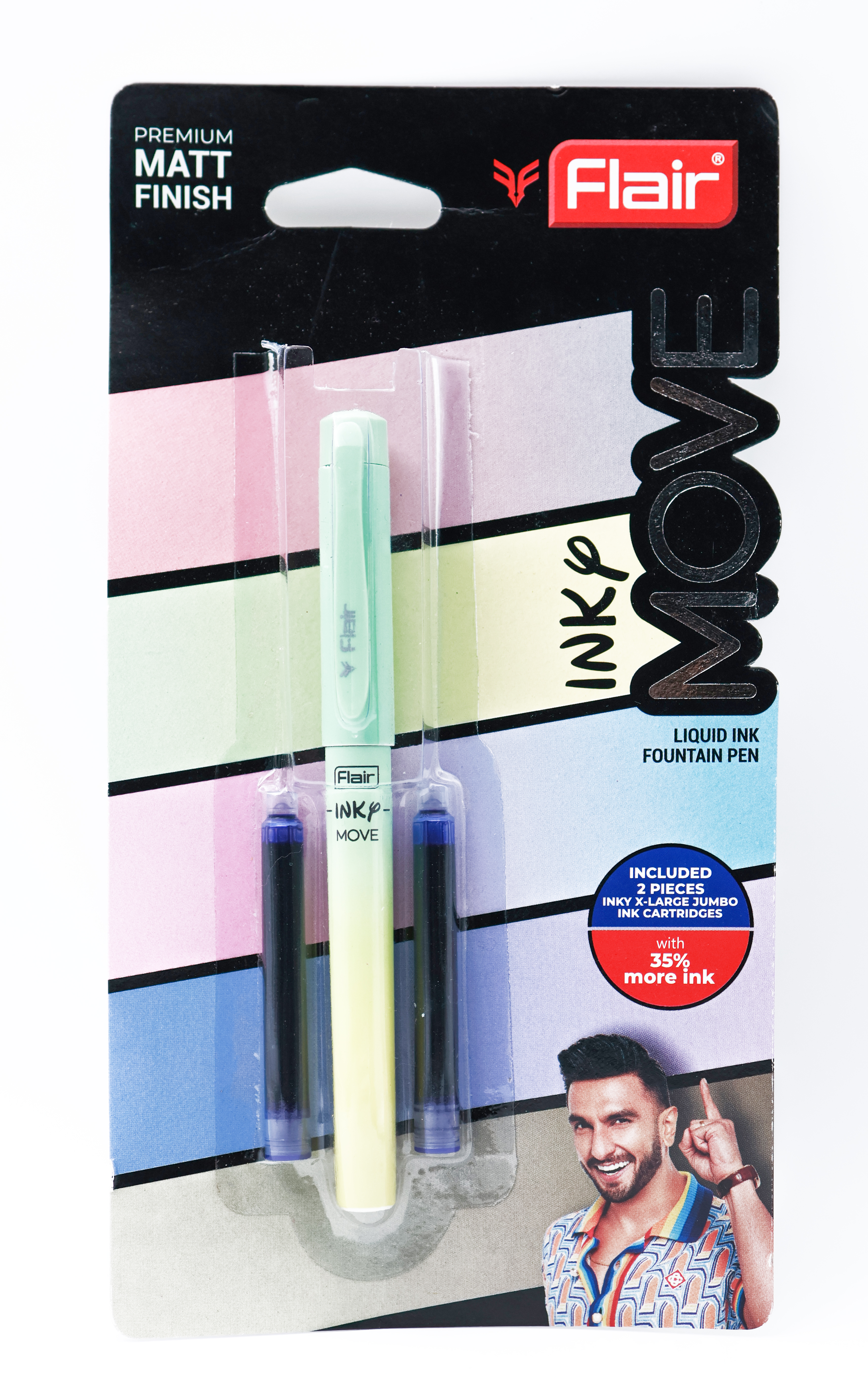 Flair Move Green With Yellow Colour With Fine Nib Fountain Pen  With Two Cartridges  SKU 24893