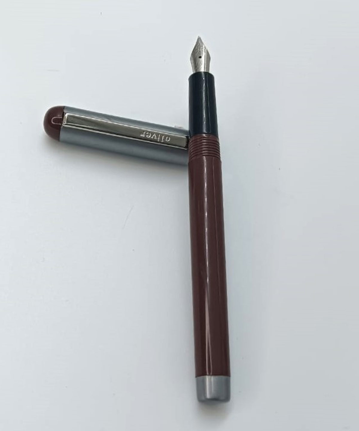 Oliver 518 Merrown Color Body Gray Cap With Sliver Clip Fine Nib Eye Dropper Model Fountain Pen SKU 24904