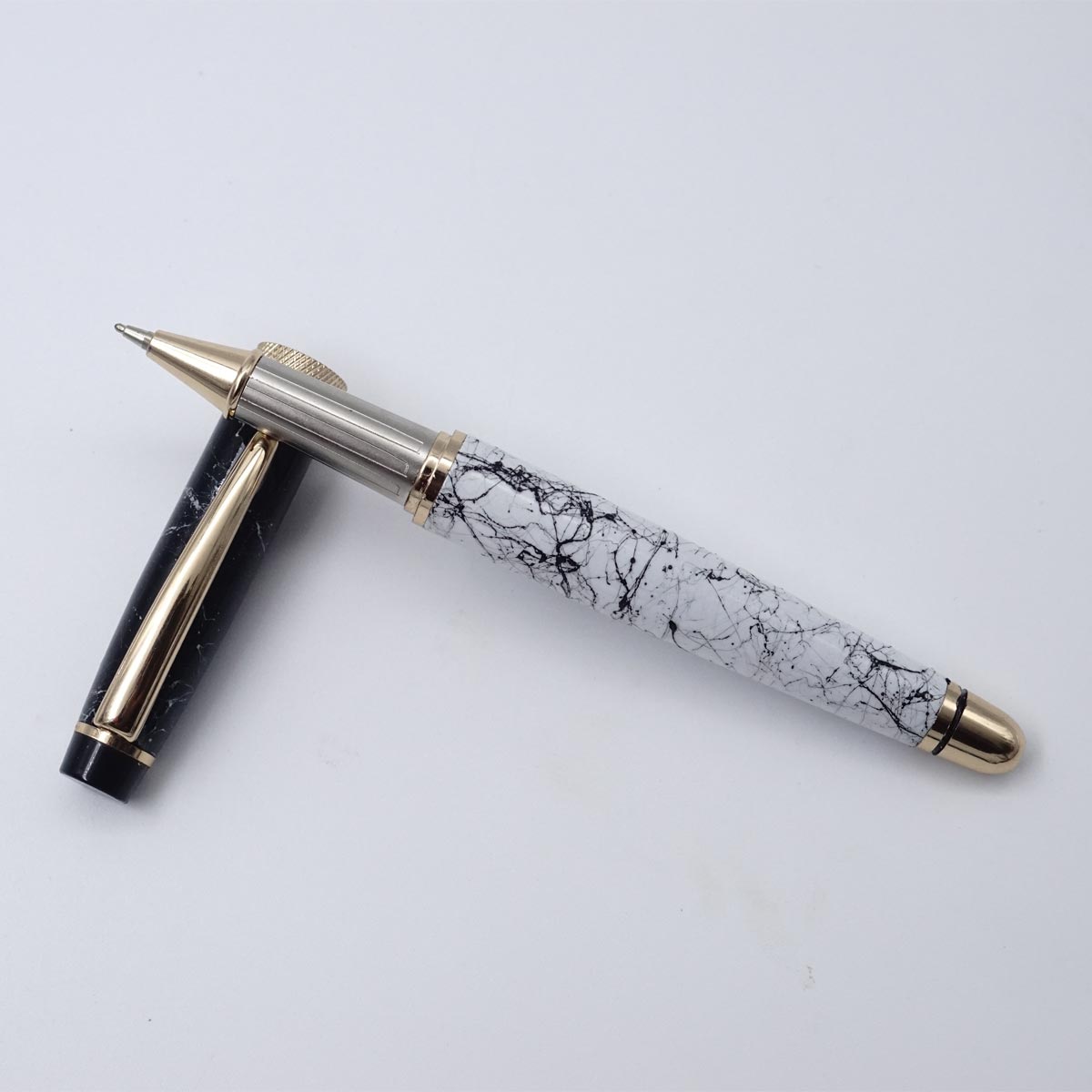 Picasso Parry Verona Marble White Body Black Cap Gold Clip Fine Nib Roller Ball Pen  SKU 25054