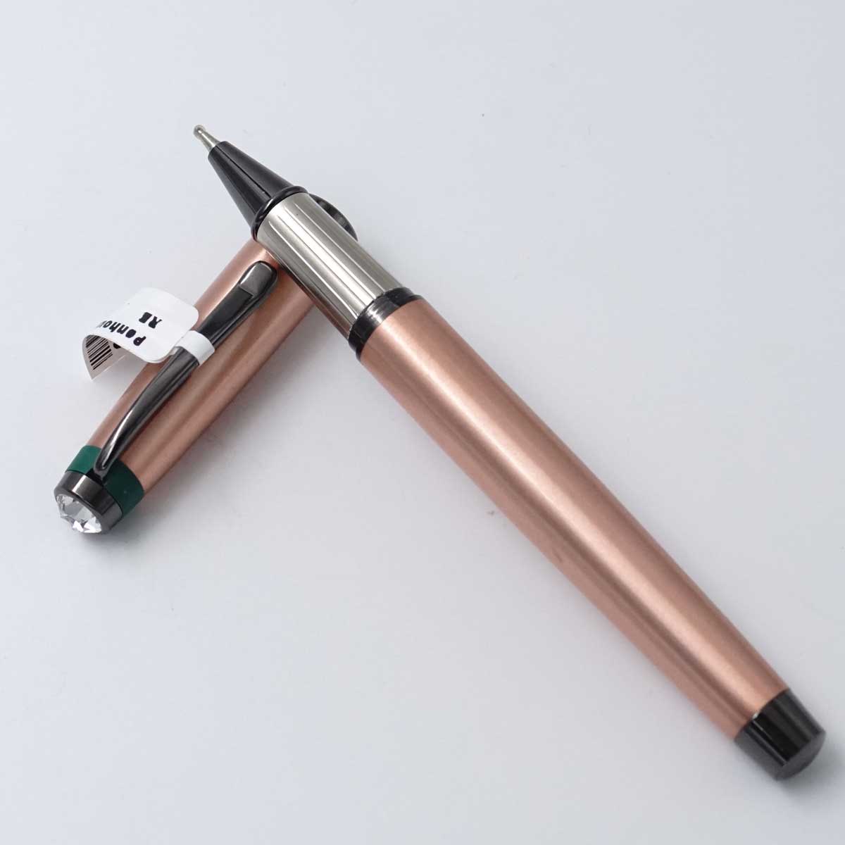 Penhouse.in Copper Body Fine Tip Gun Metal With Green Clip And Trim Stone On The Top Roller  Ball Pen  SKU 25061