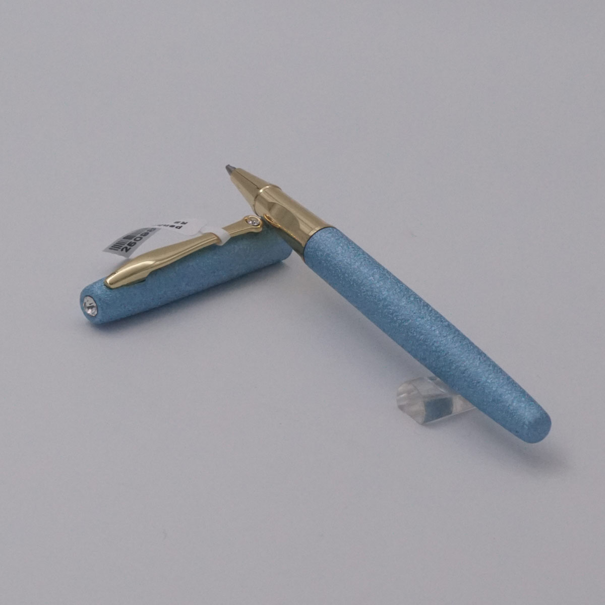 penhouse.in matt Sky Blue Paper Crush Design Medium Tip Gold Clip Trim Grip Stone On The Clip Roller Ball Pen SKU 25098