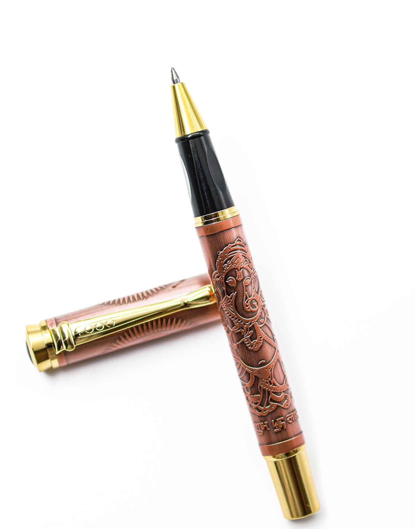 Levin 102 Ganesh Printed Copper Body With Golden Trim And Clip Black Color Grip Fine Tip Cap Type Roller Ball Pen SKU 25176