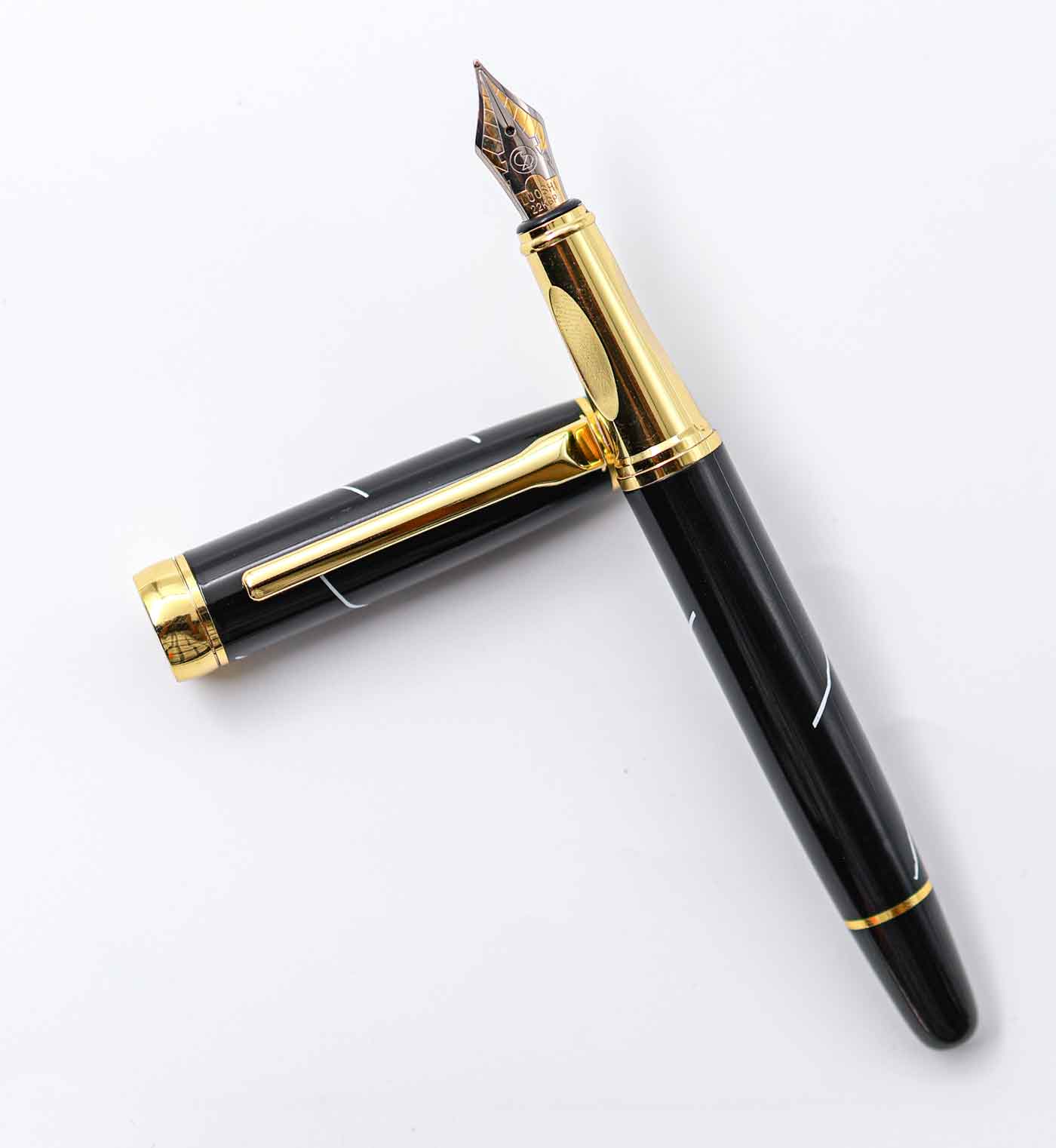 Luoshi 3088 Glossy Black Body With White Line Gold Clip And Trim Medium Nib Converter Type Fountain Pen SKU 25187