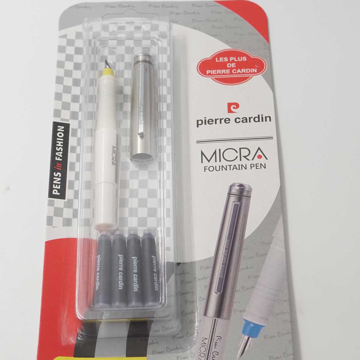 Pierre Cardin Micra White Color Body With Grip Top Yellow Fine Nib Silver Cap Cartridge Type Fountain Pen SKU 25248