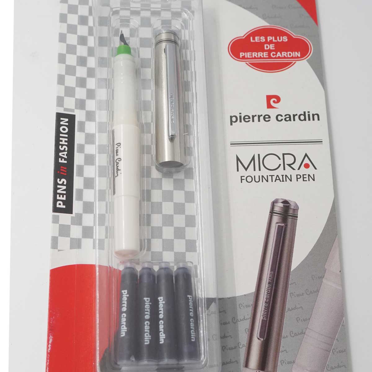 Pierre Cardin Micra White Color Body With Grip Top Green Fine Nib Silver Cap Cartridge Type Fountain Pen SKU 25249