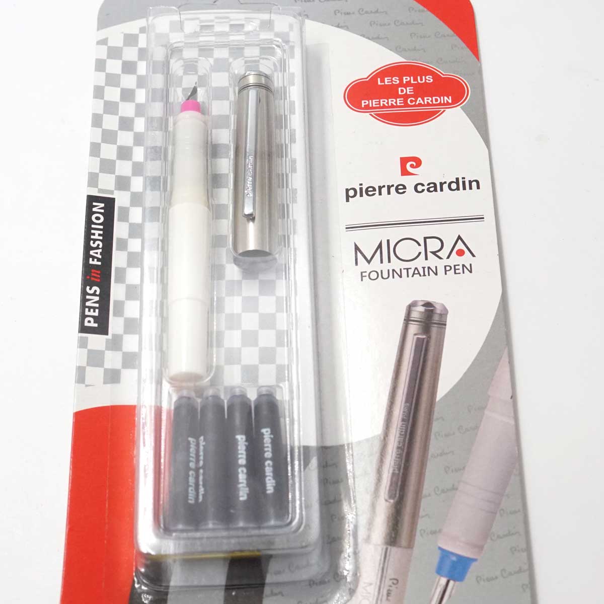 Pierre Cardin Micra White Color Body With Grip Top Pink Fine Nib Silver Cap Cartridge Type Fountain Pen SKU 25250
