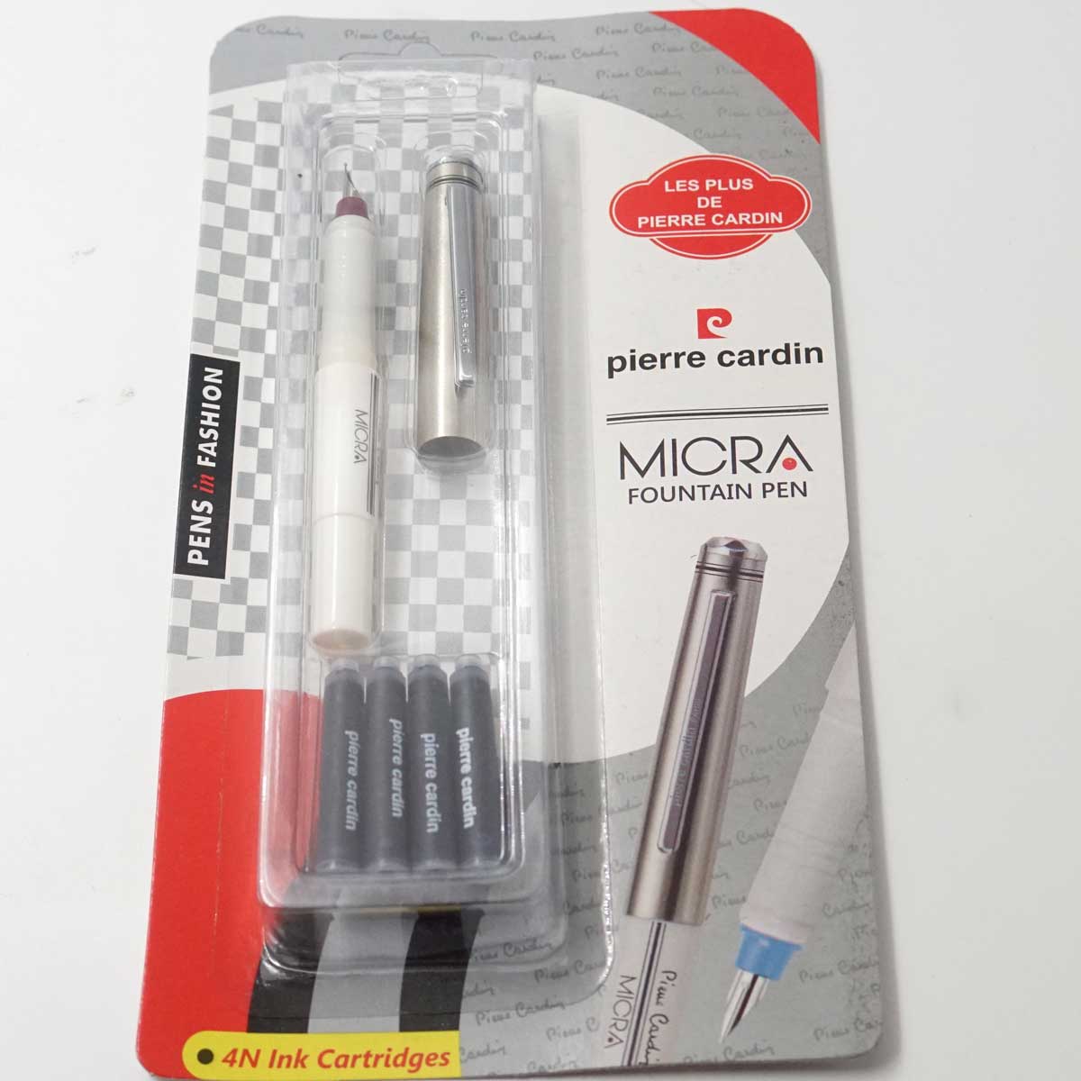Pierre Cardin Micra White Color Body With Grip Top Merrown Fine Nib Silver Cap Cartridge Type Fountain Pen SKU 25251