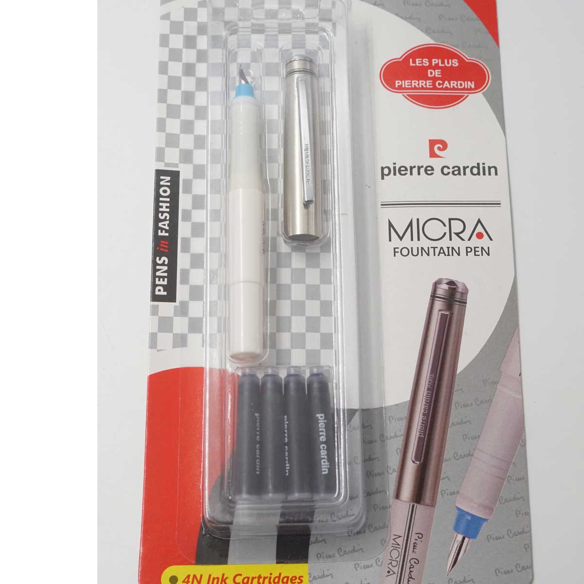 Pierre Cardin Micra White Color Body With Grip Top Sky Blue Fine Nib Silver Cap Cartridge Type Fountain Pen SKU 25252