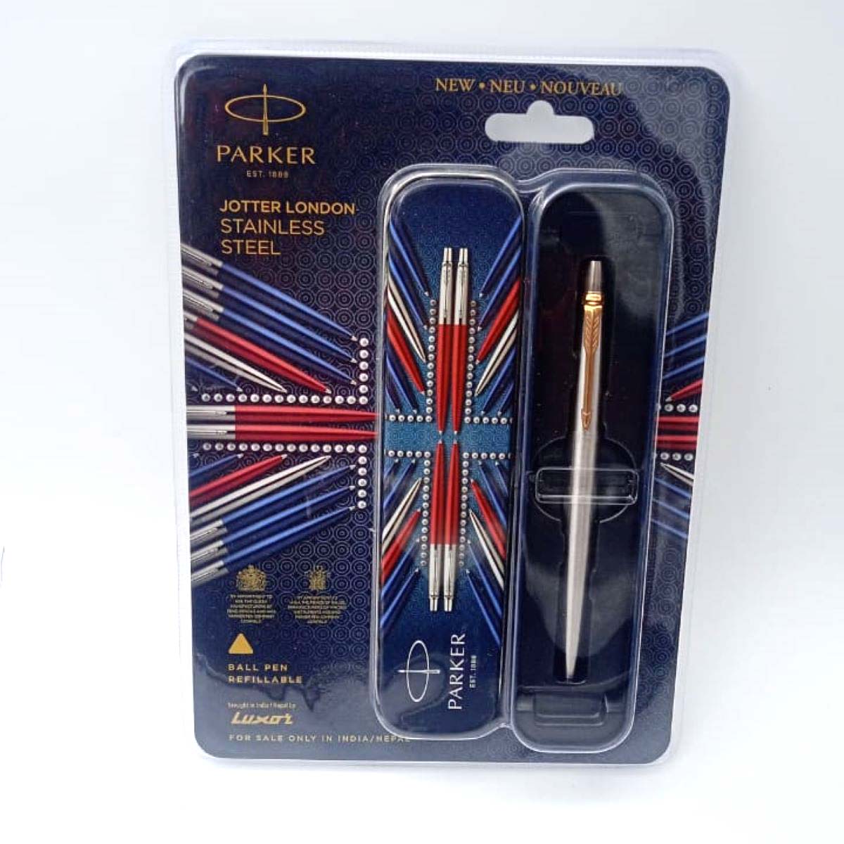 Parker Jotter London Stainless Steel Silver Body With Gold Clip Retractable Type Ball Pen SKU 25971