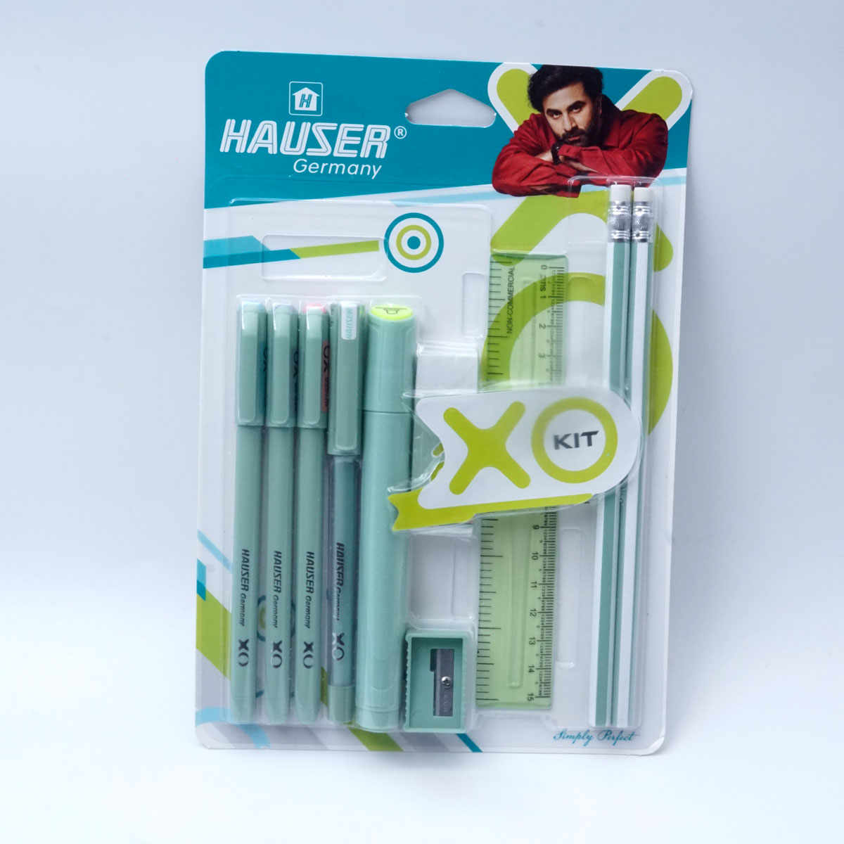 Hauser Xo Kit Green Color 3 Pieces Ball pen (Blue, Black & Red) 1 Jumbo Gel Pen 1 Highlighter 1 eraser 2 pencils 1 Sharpener 1 scale 15cm SKU 26241