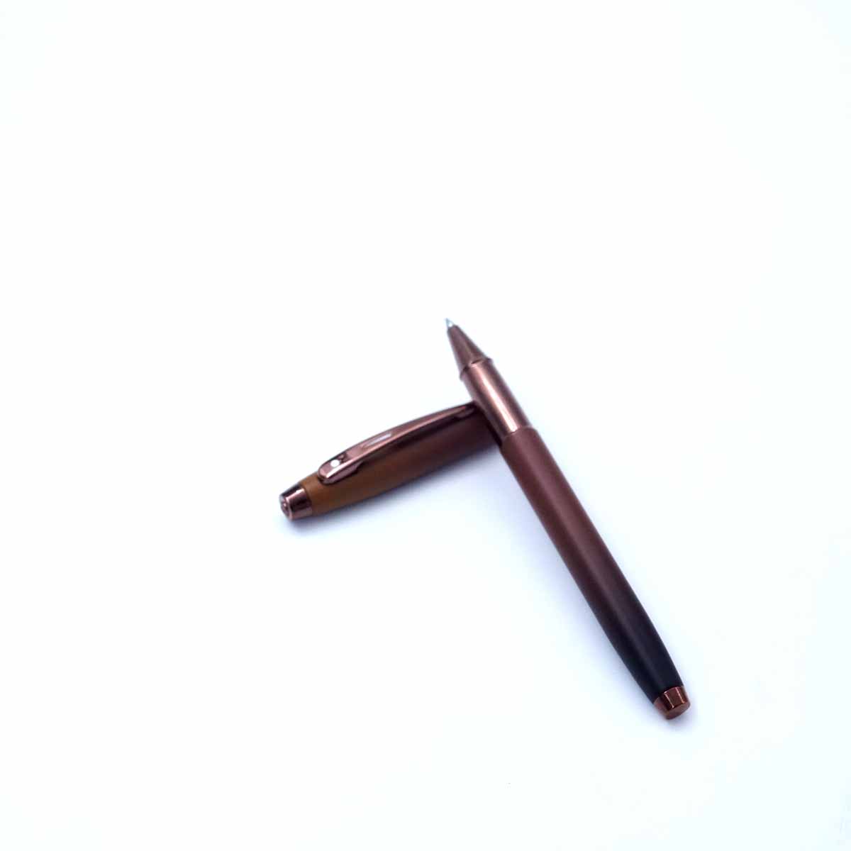 Sheaffer 9374 Coffee Edition Matt Brown Cap Type Copper Color Clip Roller Ball Pen Black Writting Fine Nib SKU 26265