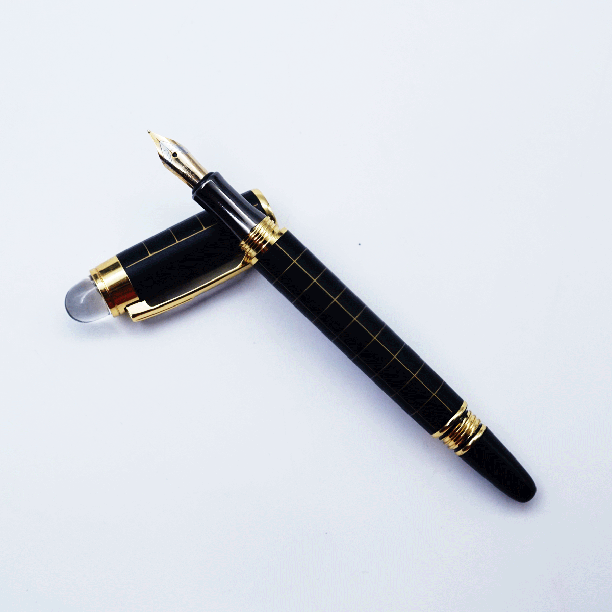 Penhouse.in 668 Black And Gold Strip Body Gold Clip On top Stone Cap Type Fountain Pen Fine Nib SKU 26464