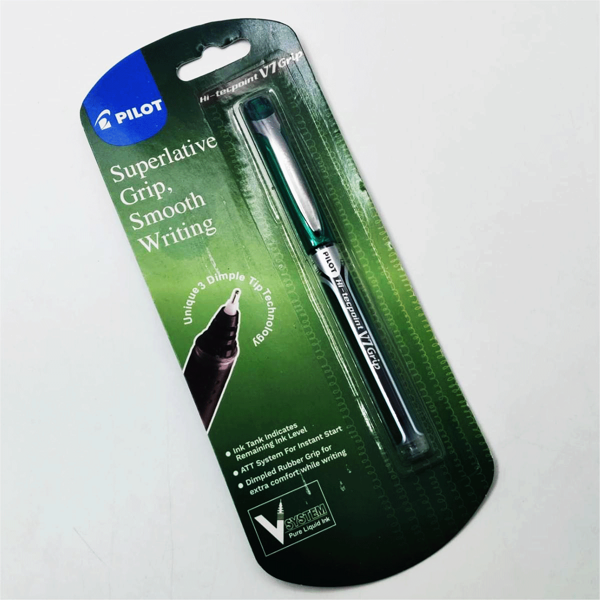 Pilot HiTecpoint V7 Grip Green ink Unique 3 Dimple Tip 0.7mm Fine Roller Ball Pen  SKU 26482