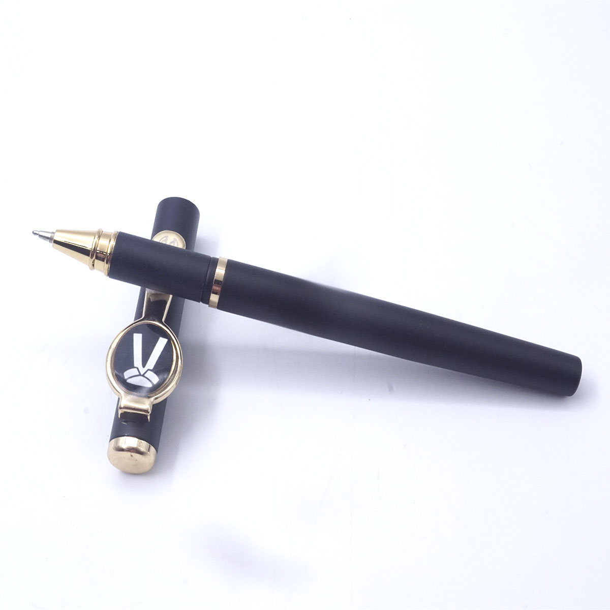 Picasso parri Matte Black color Body With Gold Clip  And Advocate Symbol  Fine Tip Cap Type RollerBall pen SKU 26535